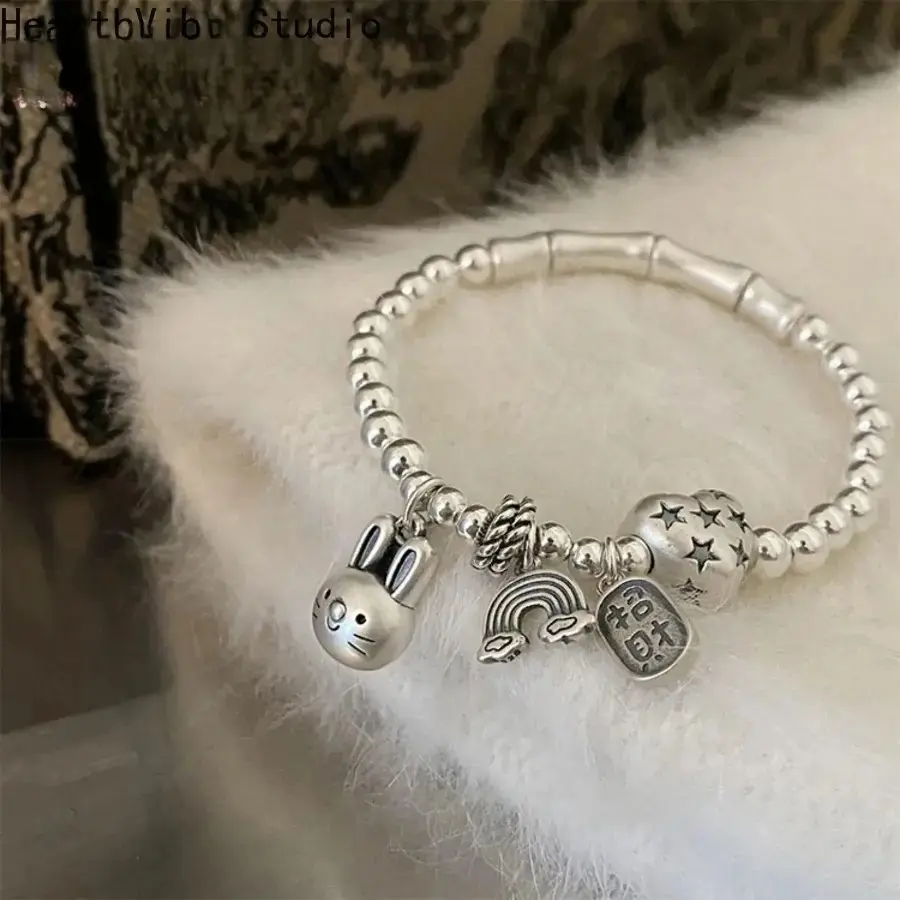 2026 New Arrival 925 Sterling Silver Cute Rabbit & Heart Design Bracelet for Women - Adjustable Slider Bracelets, Elegant Jewelry, Exquisite Pretty Piece for Indoor Recreation, Ideal Birthday Gift