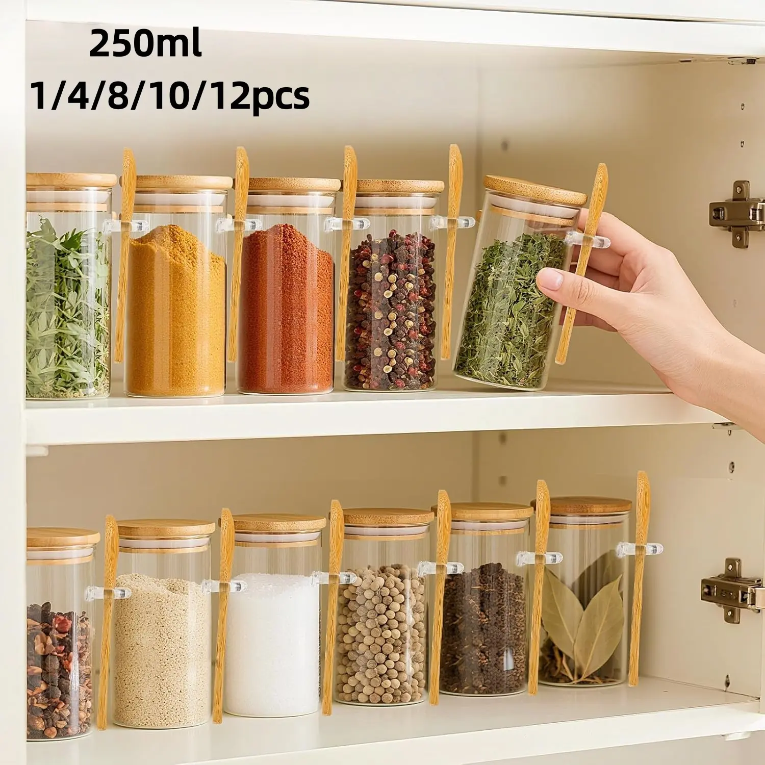 1/4/8/10/12pcs 250ML Glass Spice Jars with Bamboo Lid & Spoon, Sealed Jar Set, Airtight Seasoning Storage, Clear Kitchen Canisters for Spices, Herbs, Sugar, Tea, Coffee, Flour