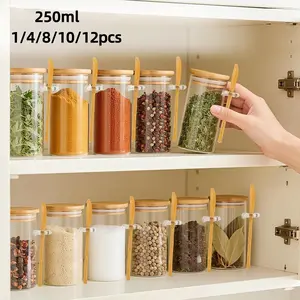 1/4/8/10/12pcs 250ML Glass Spice Jars with Bamboo Lid & Spoon, Airtight Seasoning Storage, Clear Kitchen Canisters for Spices, Herbs, Sugar, Tea, Coffee, Flour