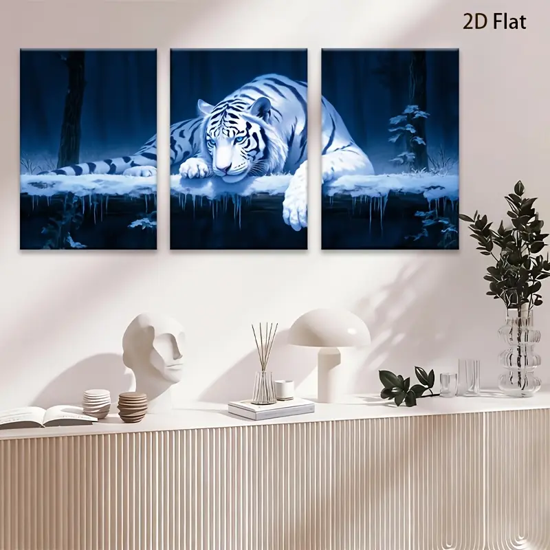 2D Flat, 3pcs White Tiger Wall Art - Modern Art Deco Tiger Stripe Canvas Paintings, Wrapped Framed Posters Suitable for Home Office,, - Elegant White Tiger Illustrations, New Year Housewarming Gift, 2D Flat