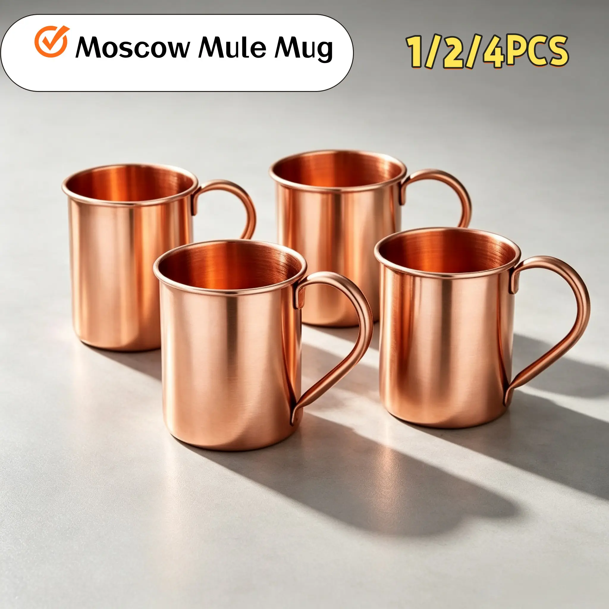 Moscow Mule Copper Cup Set, Straight Edge Design, 16oz Capacity, Ideal for Cocktails, Iced Coffee, Beer, Durable Barware, Perfect Gift