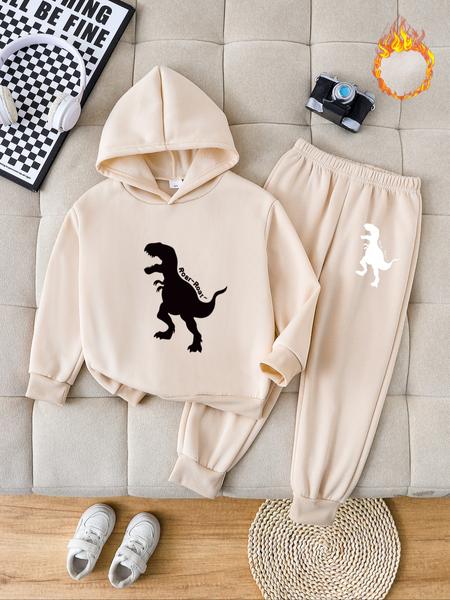 Boys' Cute Dinosaur Hoodie Set, Long Sleeve Fleece Pullover & Comfortable Jogger Pants, Perfect Gift for Kids, Fall Winter Casual Wear