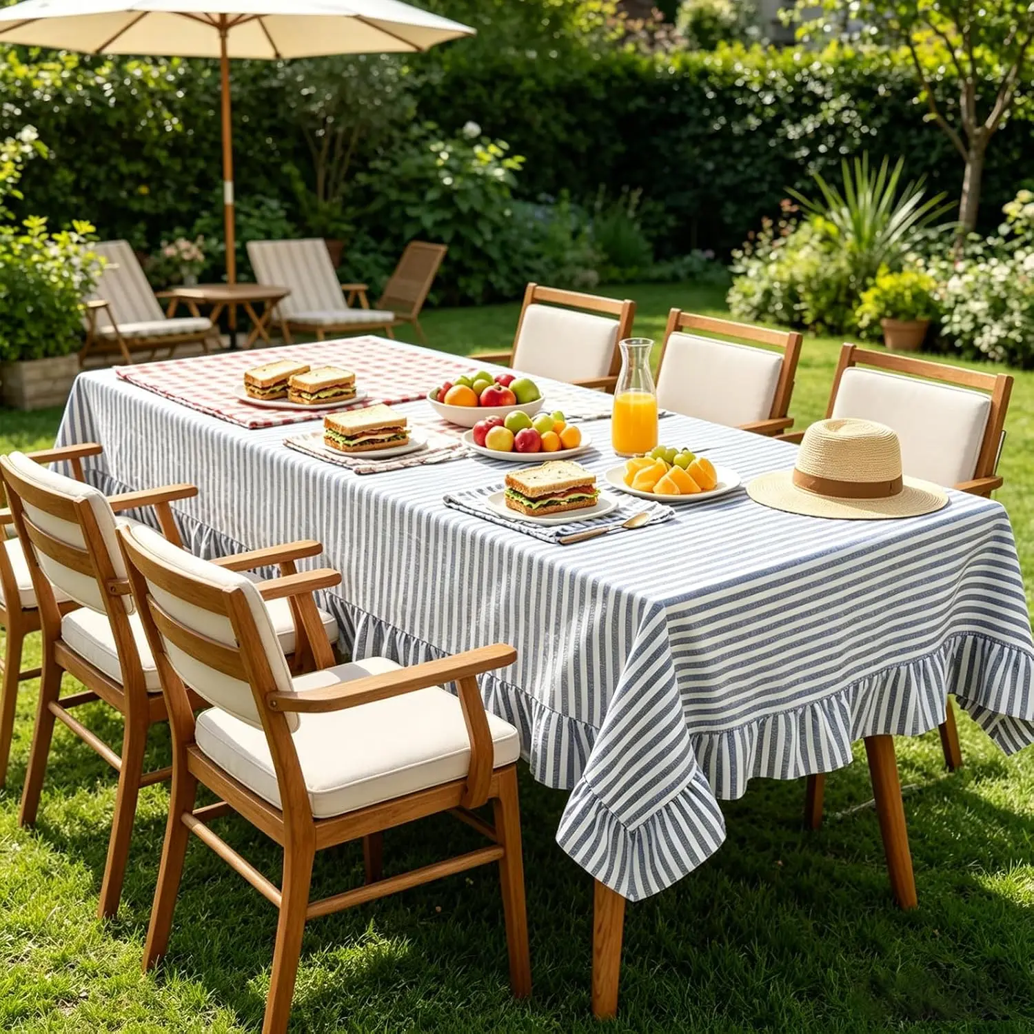 Blue Striped Ruffled Tablecloth, 55 x 118 Inch Cotton Blend Table Cloth with Frilly Edge, Farmhouse Ruffle Rectangle Tablecloth, Rustic Dining Table Cover for Kitchen Dining Party Decor