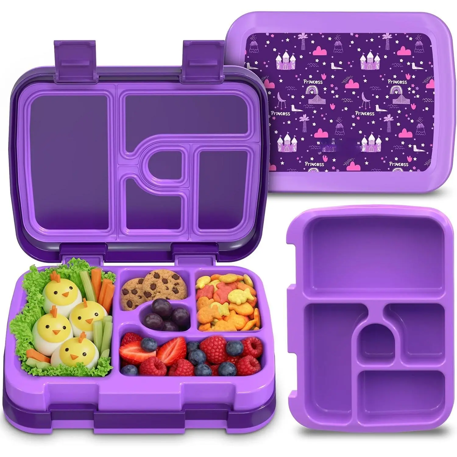 Bento Box for  Lunch Box Leak-Proof, 5-Compartment Lunch Box  for Ages 3-10, Durable with Anti-Slip Base, Suitable for Schools, Outdoor and Travel () (Princess)