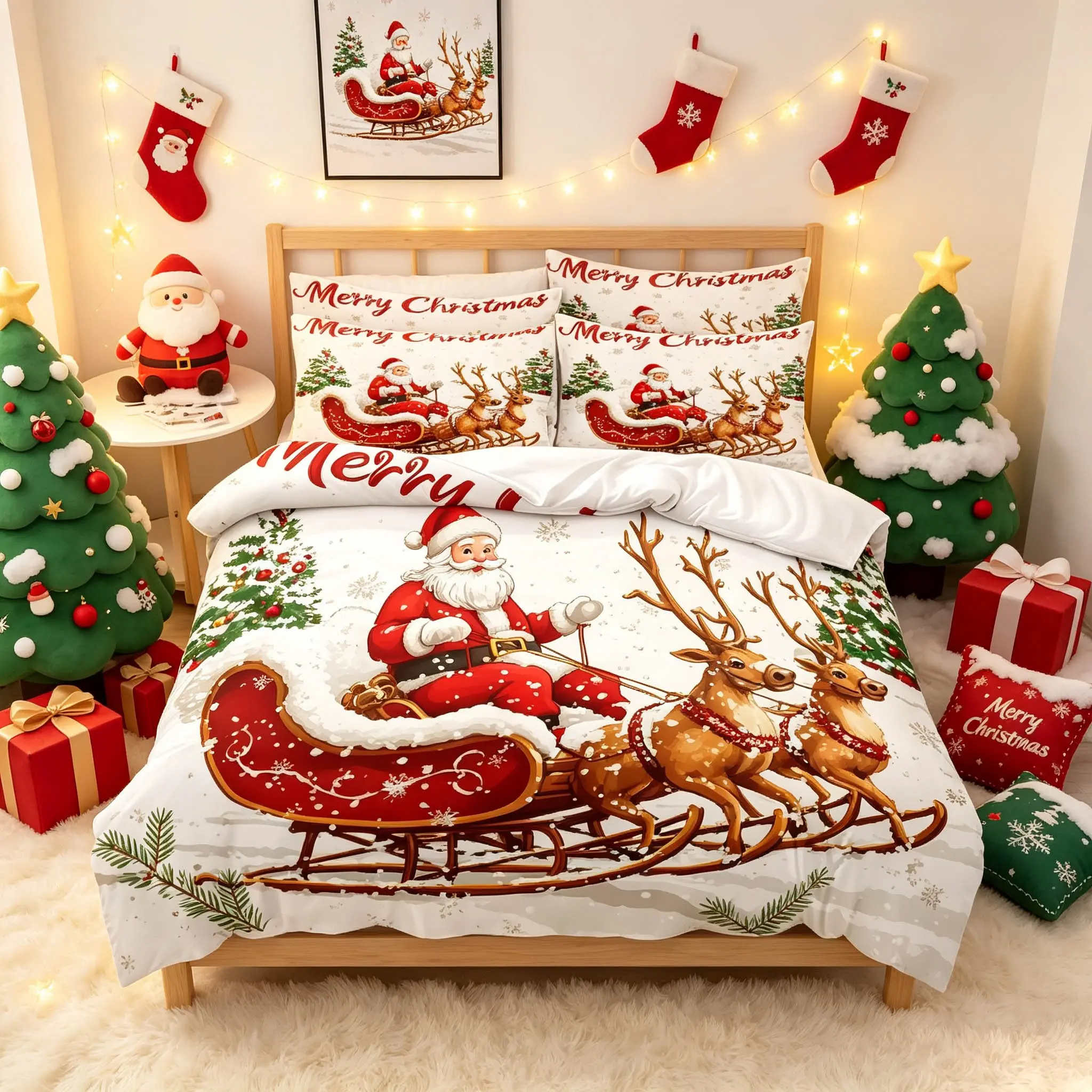 3-Piece Christmas Duvet Cover Set, Santa Reindeer Sleigh Pattern, Soft Comfortable Fabric, Ideal for Bedroom Hotel Dorm, Perfect Gift