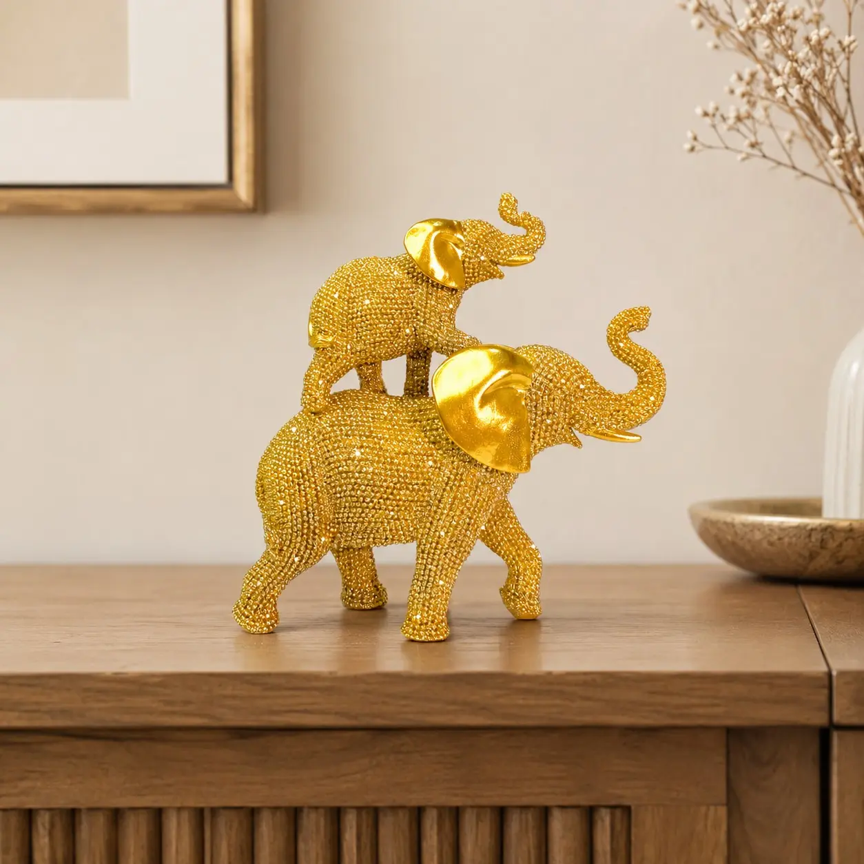 Resin Parent-Child Elephant Ornament, Beads, Glossy Ears, Lucky Symbol, Luxury Living Room Decor, Ideal Gift for Home Decor Lovers