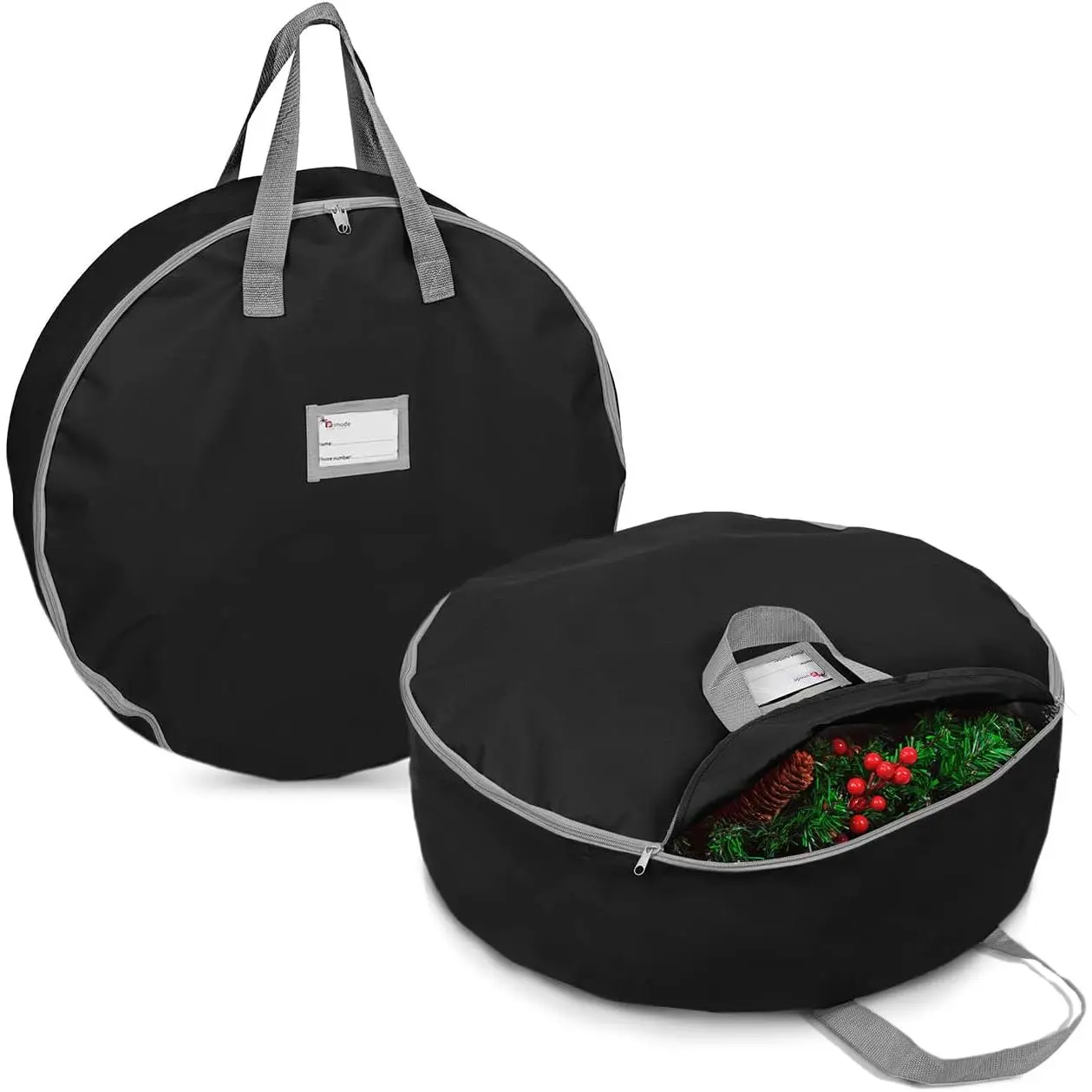 30 Inch Black Christmas Wreath Storage Bag 2 Pack - Artificial Wreath Container Garland Holiday Xmas Wreath Holder with Sturdy Handles Card Slot Zipper Strong 420D Oxford