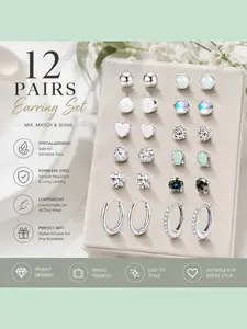 12 Pairs Hypoallergenic Stainless Steel Stud Earrings Set, Mixed Styles, Tarnish Resistant, Ideal for Daily Wear, Sensitive Ears
