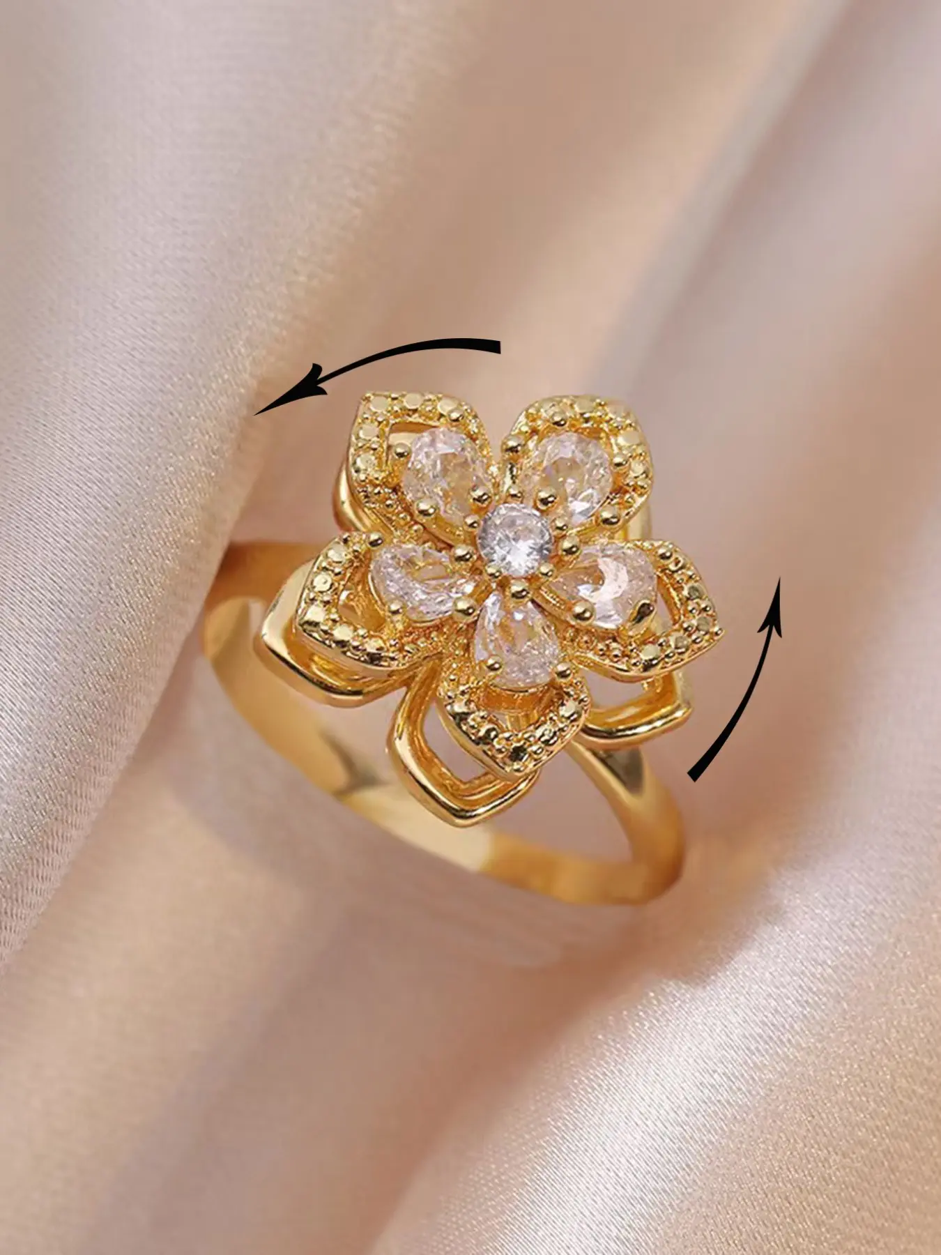 Women's Fashion Open Artificial Gemstone Ring with Copper Zirconia Flower Design, Rotatable Stress Relief Creative Luxury Jewelry for Women Statement Ring, Zircon Embellished Rings