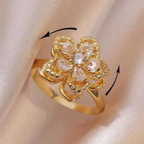 Women's Fashion Open Artificial Gemstone Ring with Copper Zirconia Flower Design, Rotatable Stress Relief Creative Luxury Jewelry for Women Statement Ring, Beautiful Rings, Zircon Embellished Rings
