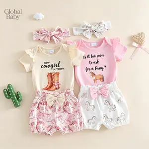 3Pcs Infant Girl Outfit Crew Neck Short Sleeve Crew Neck Cowgirl Themed Print Romper Elastic Waist Shorts and Headband Comfortable Leprechaun Themed
