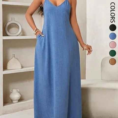 Women's Casual Loose Fit Sleeveless Maxi Dress with Side Pockets, Casual Vacation Summer Bohemian Boho Backless Baggy Maxi Dress，Comfortable and Stylish Wear, Perfect for Daily Use，Event Tropical Beach Holiday Outfits, Boho Beach Sundress