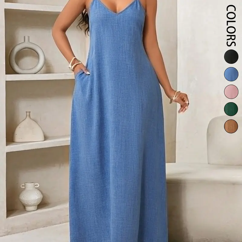 Women's Casual Loose Fit Sleeveless Maxi Dress with Side Pockets, Casual Vacation Summer Bohemian Boho Backless Baggy Maxi Dress,Comfortable and Stylish Wear, Perfect for Daily Use,Event Tropical Beach Holiday Outfits, Boho Beach Sundress