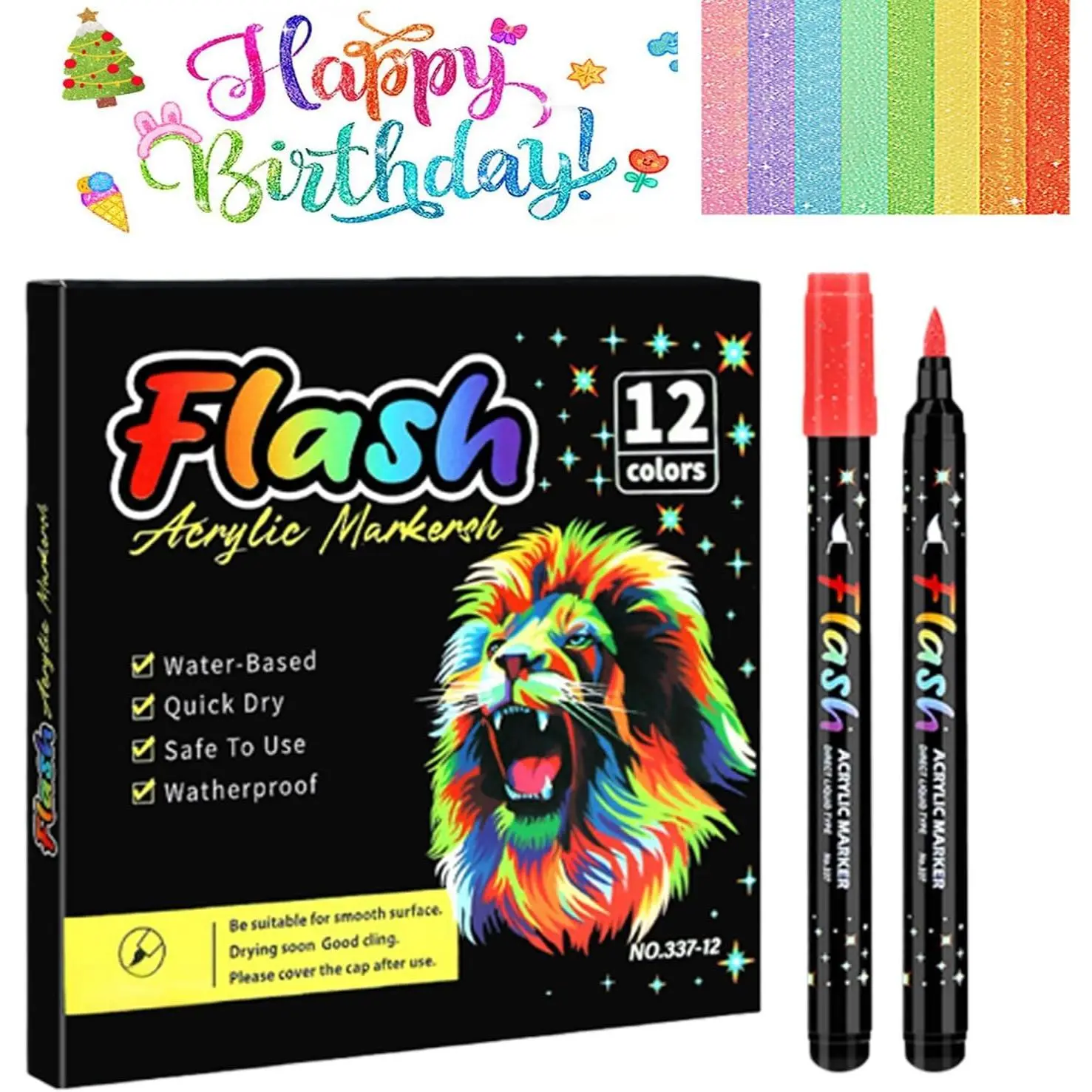 KEAAR 12 Colors  Glitter Markers - Soft Tip Flash Art Drawing Pens, Quick-Dry Non-Fading Sparkle Markers for Journaling, Scrapbooking, Coloring, Card Making & DIY Crafts