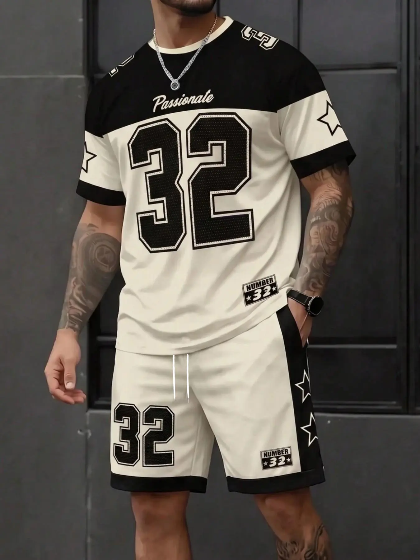 Men's Number 32 Star-patterned Two-piece Set, Crew Neck Short-sleeved Shirt and Drawstring Shorts, Summer Hip-hop Sportswear Set