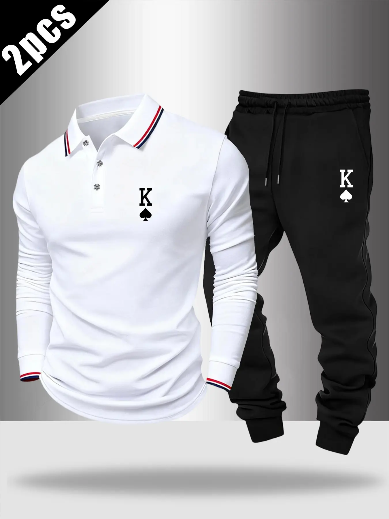 Men's Ace K Print Long Sleeve Polo + Jogger Set, Luxury Casual Style, Business Leisure Feel, Spring & Fall
