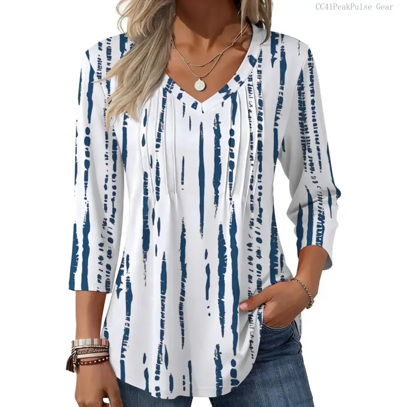 Sleeve Womens Tops Casual V Neck Pleated Top Boho Floral Blouses Work ShirtsCC41PeakPulse Gear