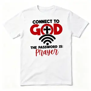 Connect to God: The Password Is Prayer Graphic Short Sleeve Top, Christian Faith Wi-Fi Cross Slogan Tee, Inspirational Religious Casual Outfit for Women