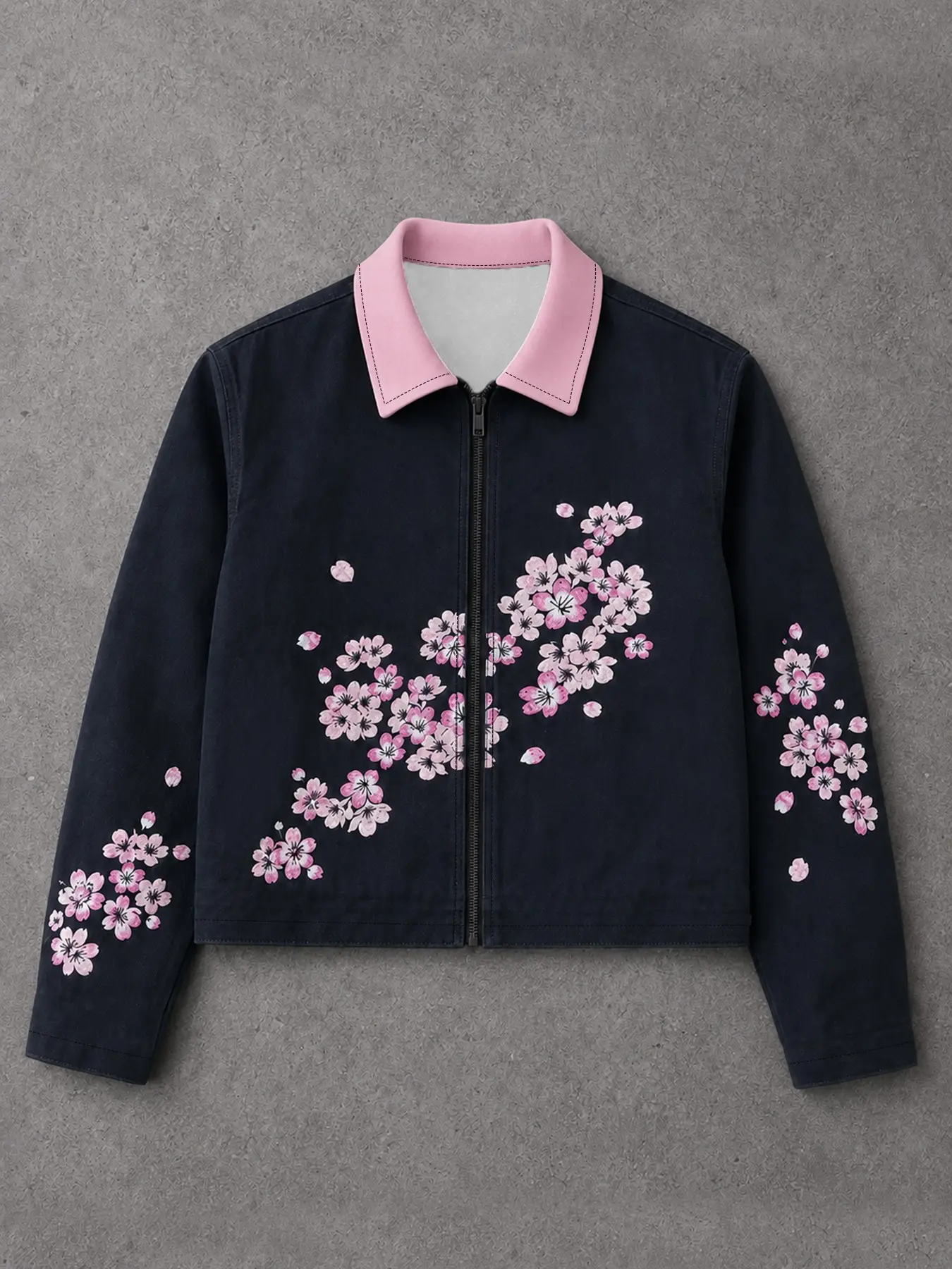 New Traditional Cherry Blossom Print Colorblock Collar Short Jacket, Boxy National Style Workwear Coat, Unisex All Seasons, Casual Loose Coat