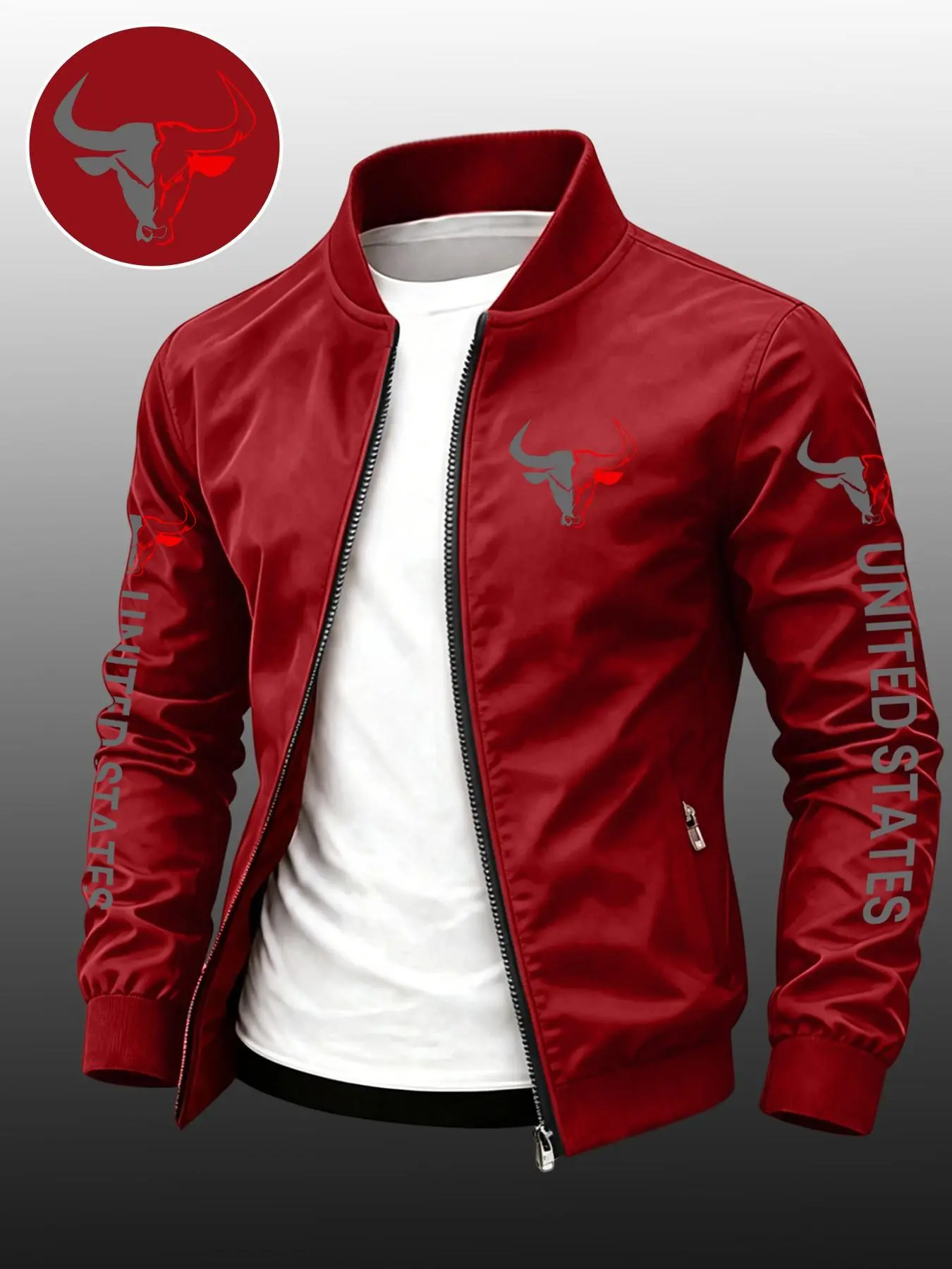 Men's Sporty Zipper Jacket, Bull Print, Loose Fit, Ideal for Fall Winter Outdoor Activities, Comfortable Daily Wear