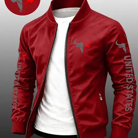 Men's Sporty Zipper Jacket, Bull Print, Loose Fit, Ideal for Fall Winter Outdoor Activities, Comfortable Daily Wear, Zippered Sports Jacket