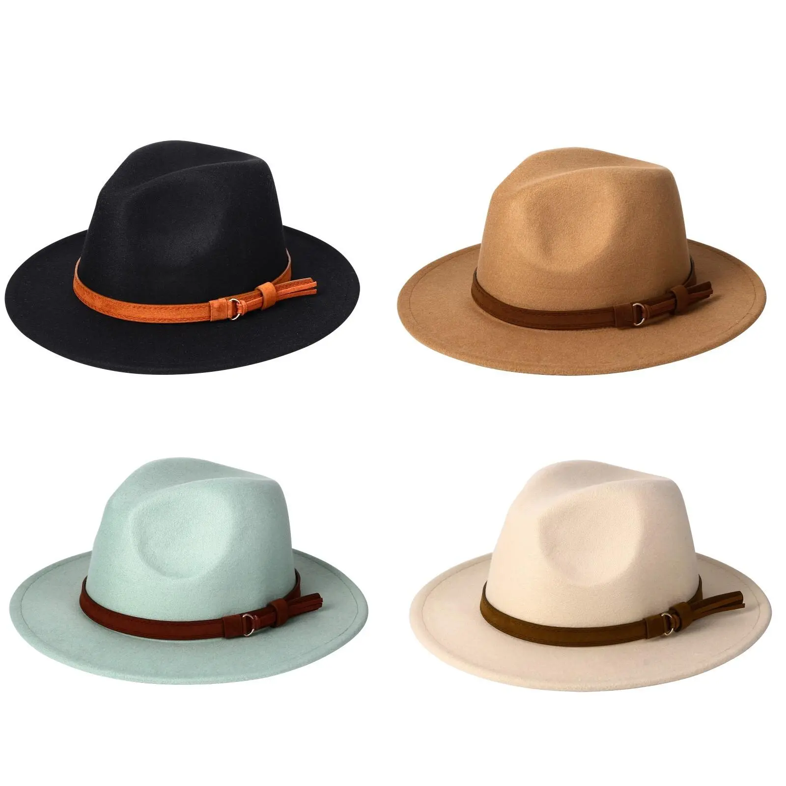 Classic Wide Brim Women's Men's Fedora Hat with Belt Buckle Felt Panama Hat