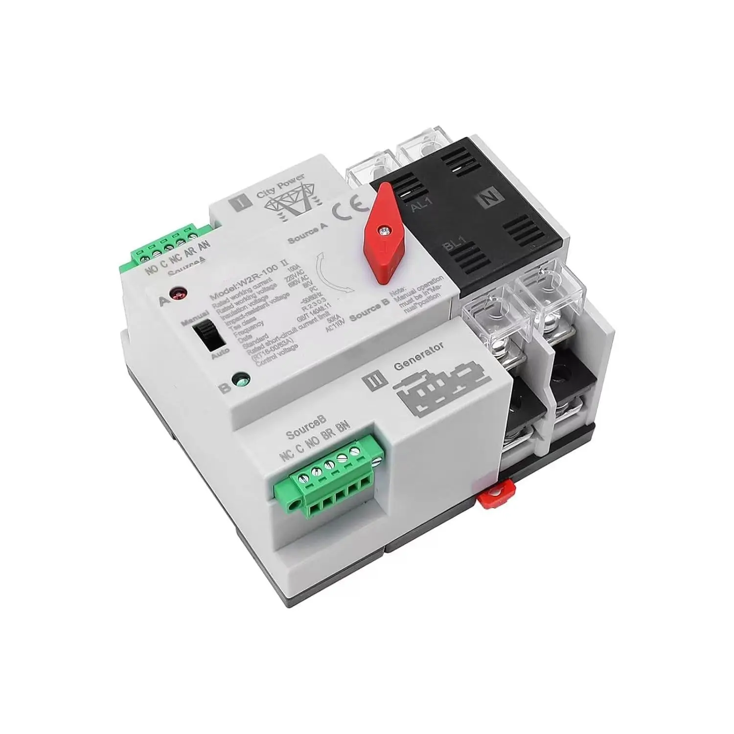Mini ATS Automatic/Manual Transfer Switch - 2P 100A AC110V Din Rail Mounted Controller, Dual Power Switch for Home Generator, RV Fast Transfer Electrical Component, Ats Switch