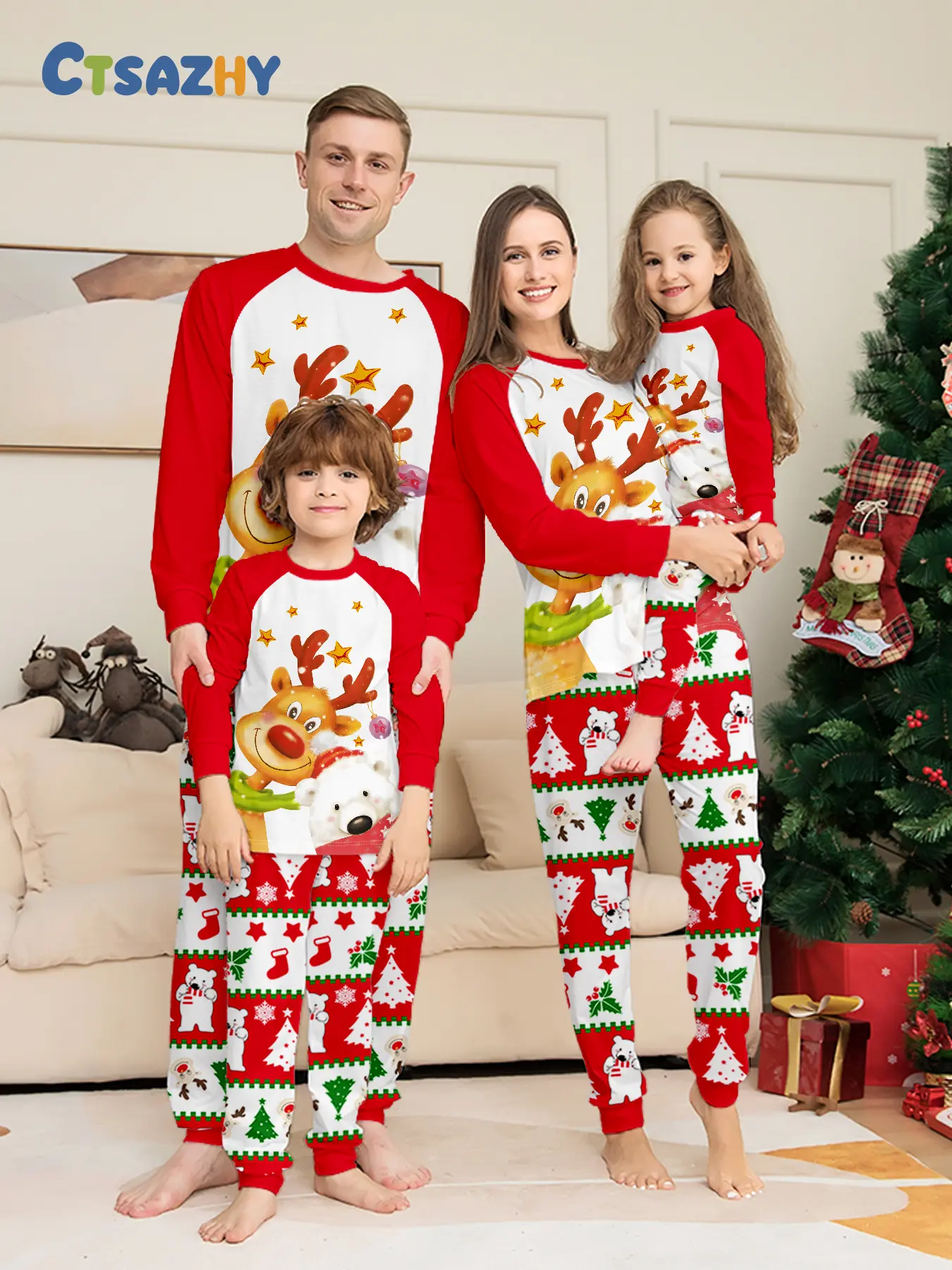 Family Pajama Set, Christmas Theme, Long Sleeve Round Neck, Soft Comfortable, Casual Home Wear, Slim-Fit, Unlined, Batch Zy-08