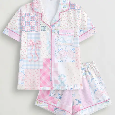 Sweet Cute Floral Pajamas for Women, Loose Fit Short Sleeve Top & Shorts Set, Breathable Summer Sleepwear Loungewear, Comfortable Home Wear, Casual Loungewear Sleepwear