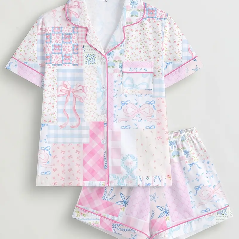 Sweet Cute Floral Pajamas for Women, Loose Fit Short Sleeve Top & Shorts Set, Breathable Summer Sleepwear Loungewear, Comfortable Home Wear, Casual Loungewear Sleepwear
