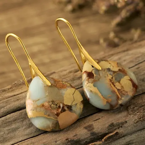 1 pair Vintage Natural Stone Teardrop Pendant Earrings, Elegant Shoushan Blue Women's Earrings, Exquisite 18K Gold Plated Jewelry, Bohemian Style Daily Accessory, Earrings Dangle