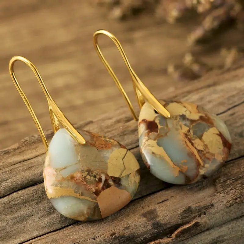 1 pair Vintage Natural Stone Teardrop Pendant Earrings, Elegant Shoushan Blue Women's Earrings, Exquisite 18K Gold Plated Jewelry, Bohemian Style Daily Accessory, Earrings Dangle