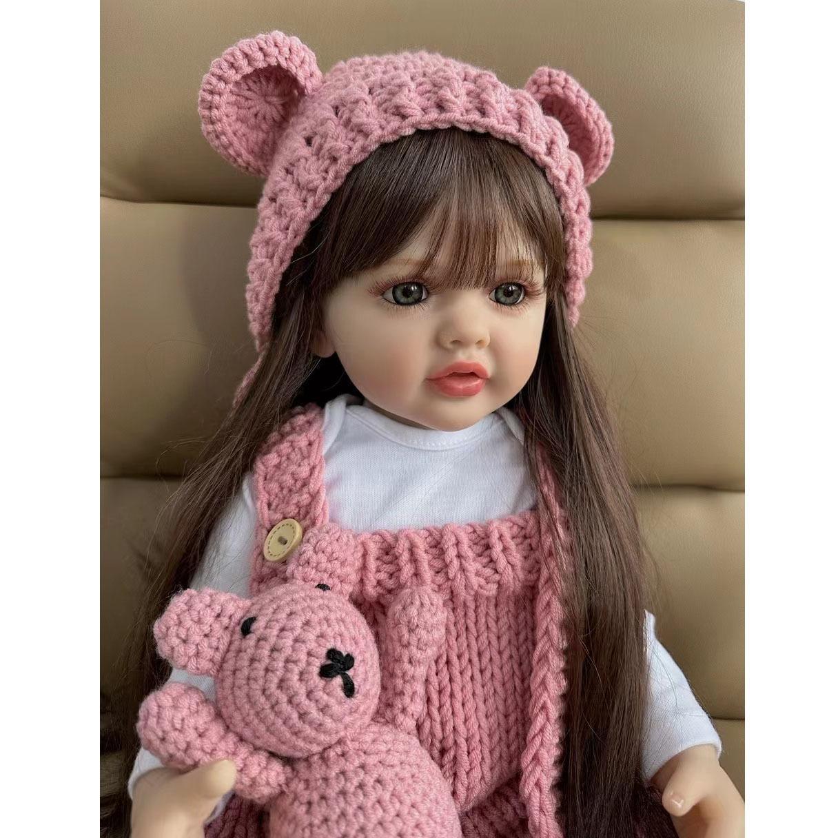 22inch Silicone Reborn Baby Doll, Lovable Lifelike Princess Newborn Bebe Toddler Girl, Lovely Birthday Gift Toy with Long Brown Hair, Dress Up Doll