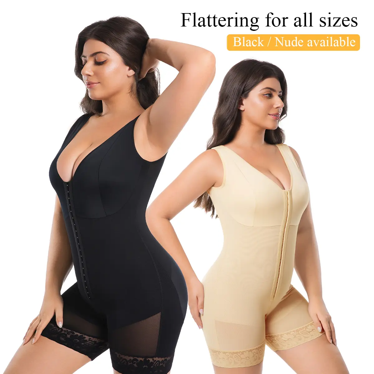 Women's Solid Built-in Bra Bodysuit with Butt Lifting & Abdomen Smoothing, Lace Detail, Body Sculpting Compression Shapewear, Full Body Shaper with Hook & Zipper Dual Closure, 3-Row Hooks, 3 Colors, Casual Minimalist for All Seasons & Daily Gifting