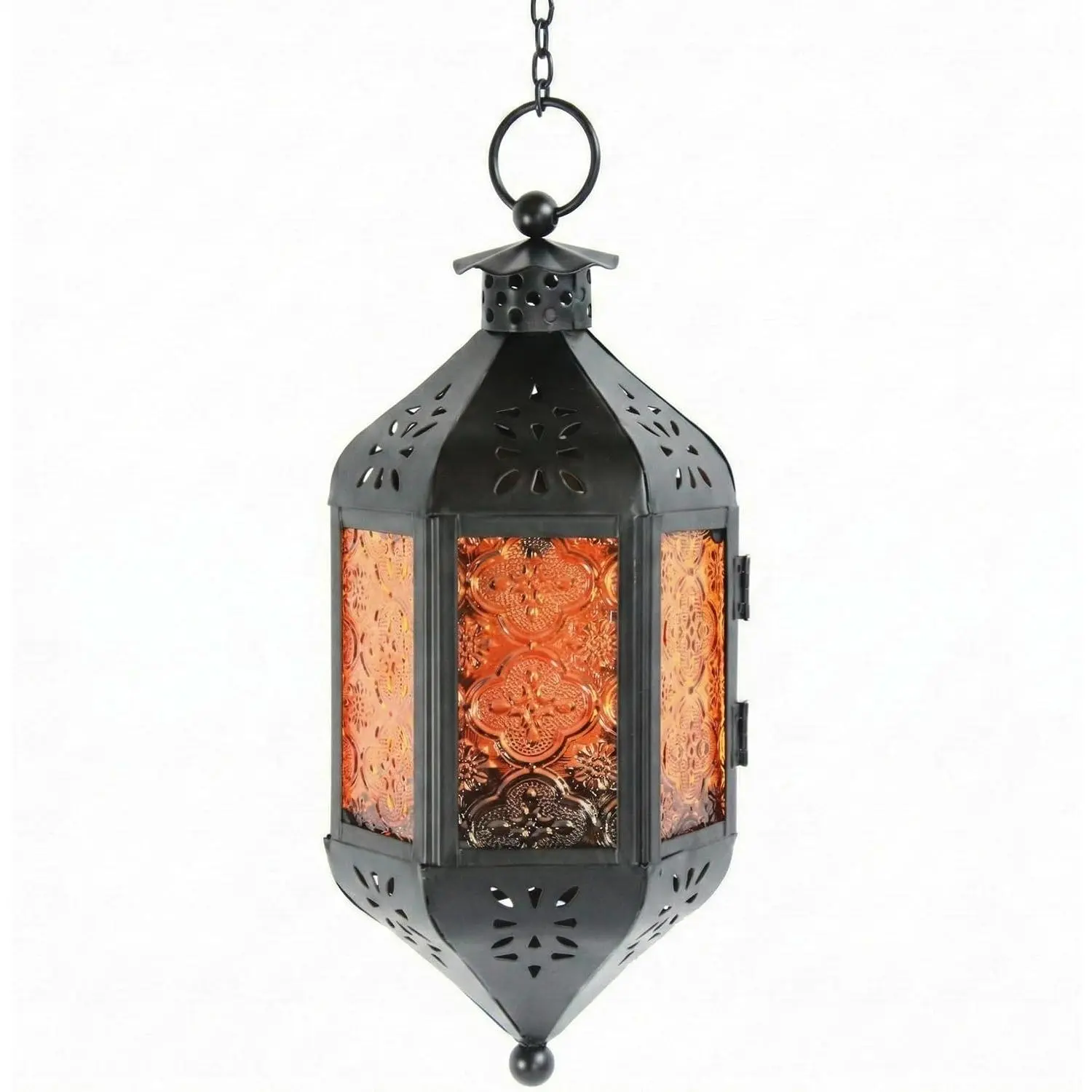 Moroccan Lamp - Exotic Decorative Patio & Porch Decor, Indoor Outdoor  Light Candle Lantern Holder with Chain (11" Medium, /Orange Glass)