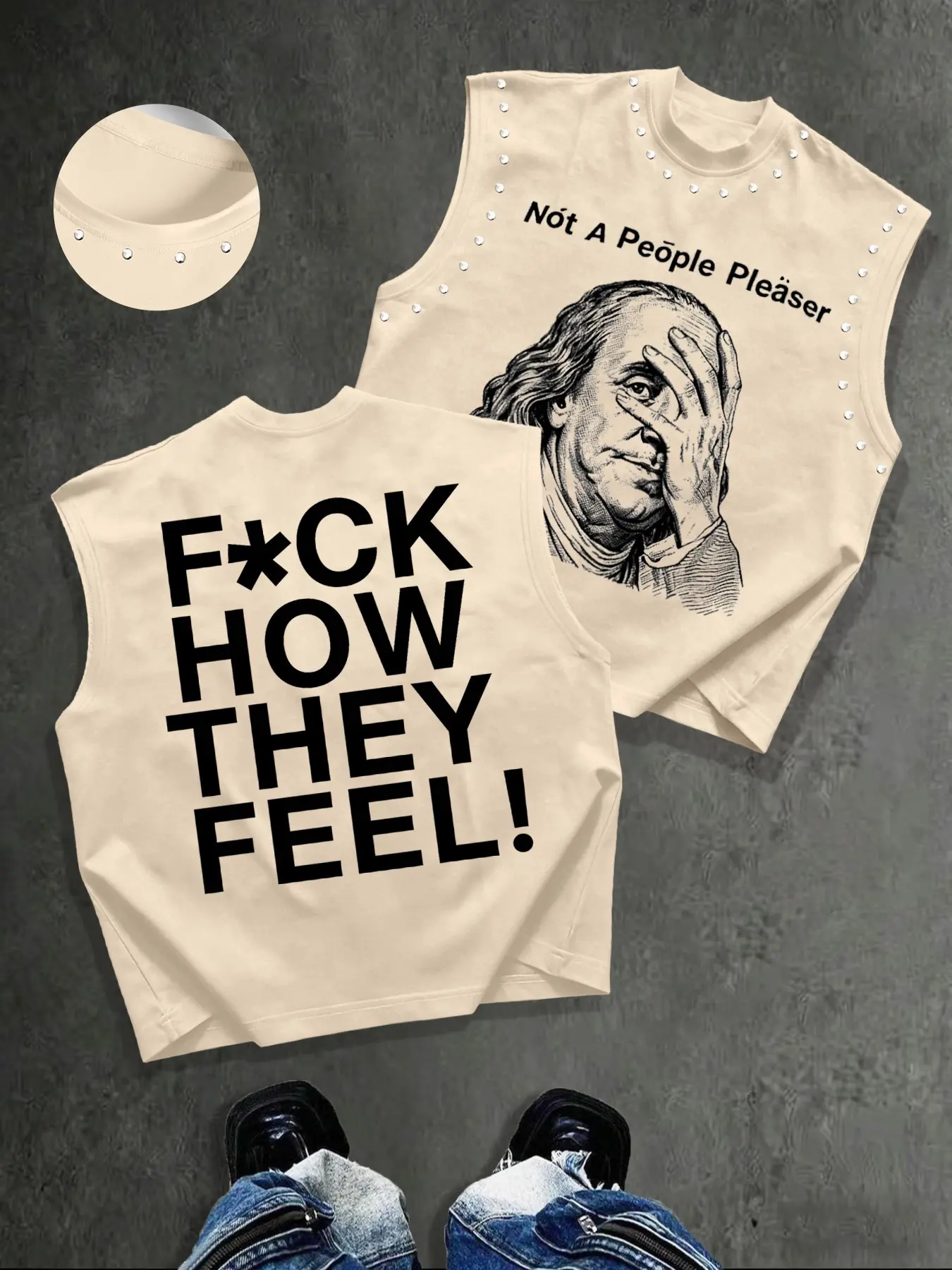 Men's Letter Face Pattern Print Round Neck Sleeveless Top, Handmade Beaded Design, Summer Outdoor Street Fashion Vest