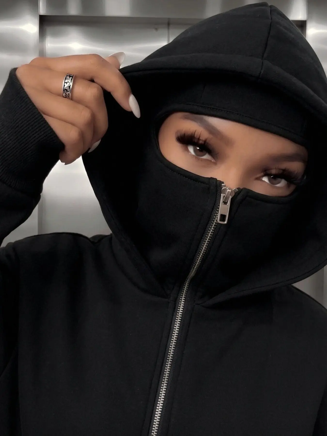 Women Black Full Zip Balaclava Hooded Jackets Kangaroo Pocket Loose Baggy Fit Unisex Techwear Dark Aesthetic Streetwear Casual Daily Fall Winter Warm Loungewear Going Out Ladies Fashion Outerwear Hoodie