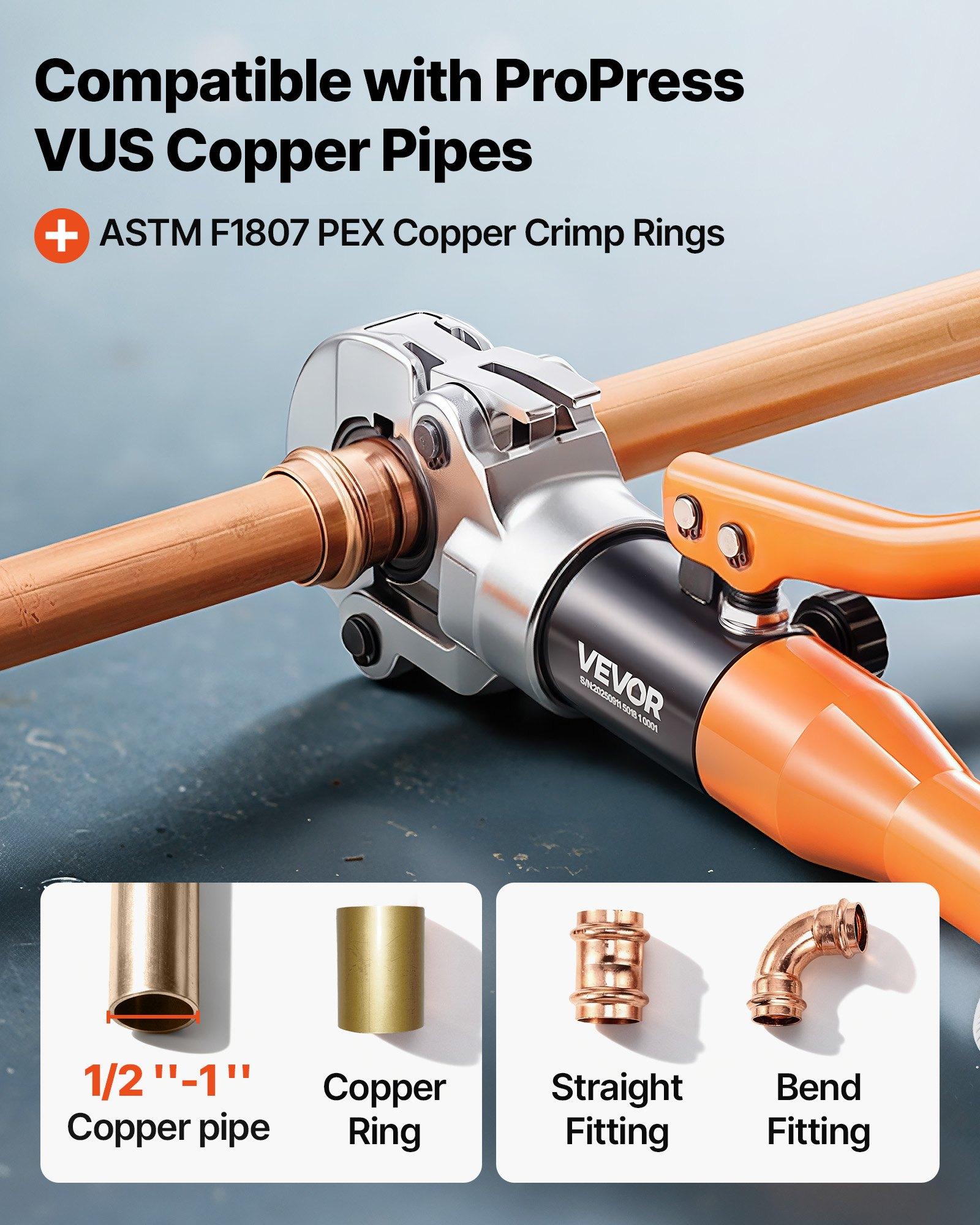 VEVOR Copper Pipe Crimping Tool, Hydraulic Driven Pro Press Tool with 1/2", 3/4", 1" Jaws for Copper Tube & 3/8", 1/2", 5/8", 3/4", 1" Jaws for ASTM F1807 PEX Pipe Copper Ring - with Carrying Case VEVOR Copper Pipe Crimping Tool, Hydraulic Driven Pro Press Tool with 1/2", 3/4", 1" Jaws for Copper Tube & 3/8", 1/2", 5/8", 3/4", 1" Jaws for ASTM F1807 PEX Pipe Copper Ring - with Carrying Case