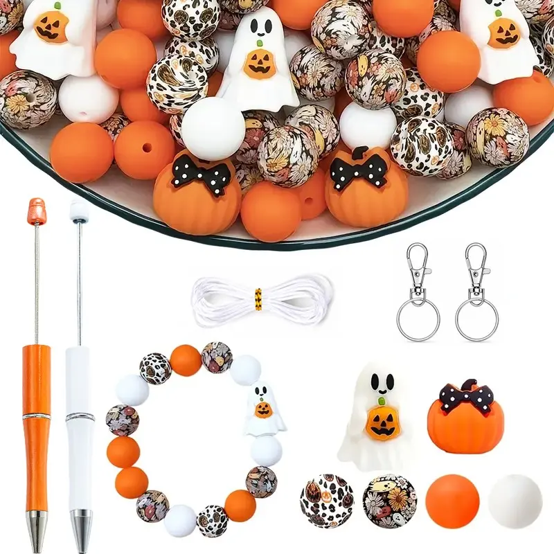 37pcs Halloween Ghost Pumpkin DIY Craft Set, 32pcs Silicone Beads, 2 Beadable Pen Blanks, 2 Clasps, 1 Cord for DIY Crafts