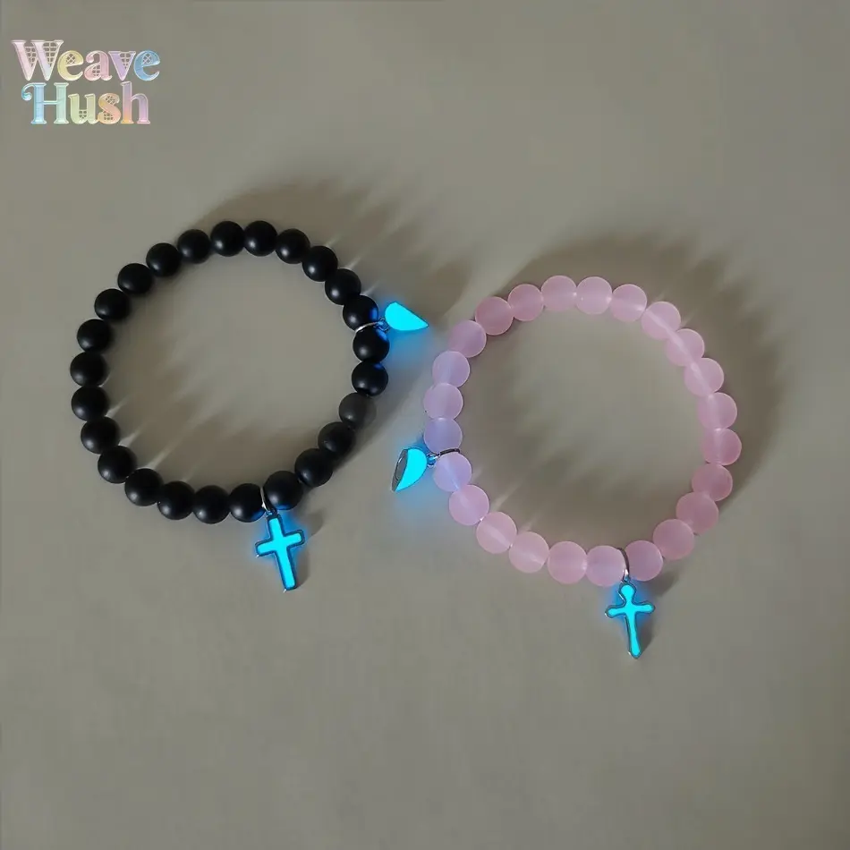 Luminous Cross Pink Black 2-Piece Bead Set, Handmade No-Extra-Bead Matching Wrist Jewelry, Exquisite Religious DIY Luggage & Bag Accessory for Romantic Gifts, Daily Use, Beads, Luminous Cross Pink Black Two-Piece Set