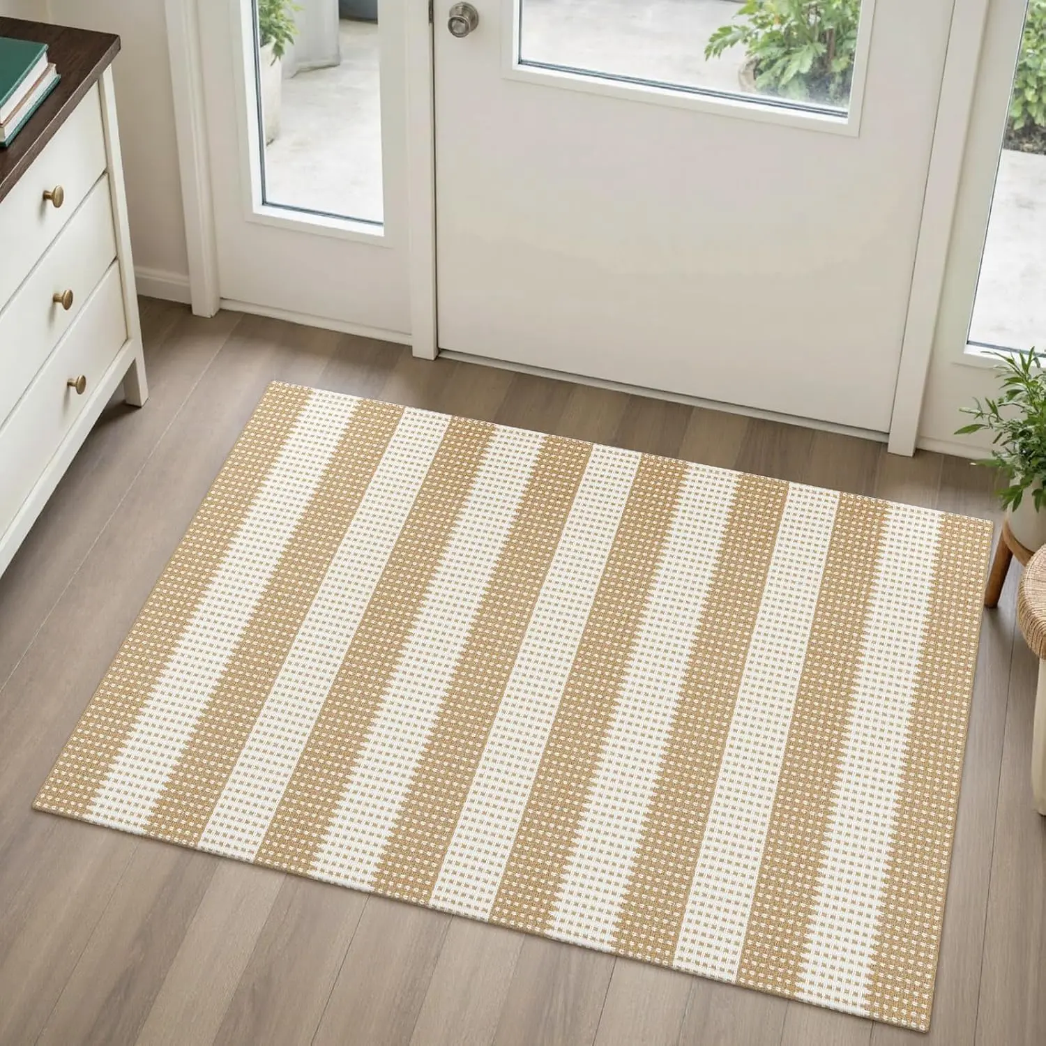 Washable Woven Indoor Outdoor Doormat, 2x3  Beige  Striped Entryway Rug Low Pile Non-Slip Small Kitchen Rug, Modern  Throw Carpet for Porch Bathroom Bedroom