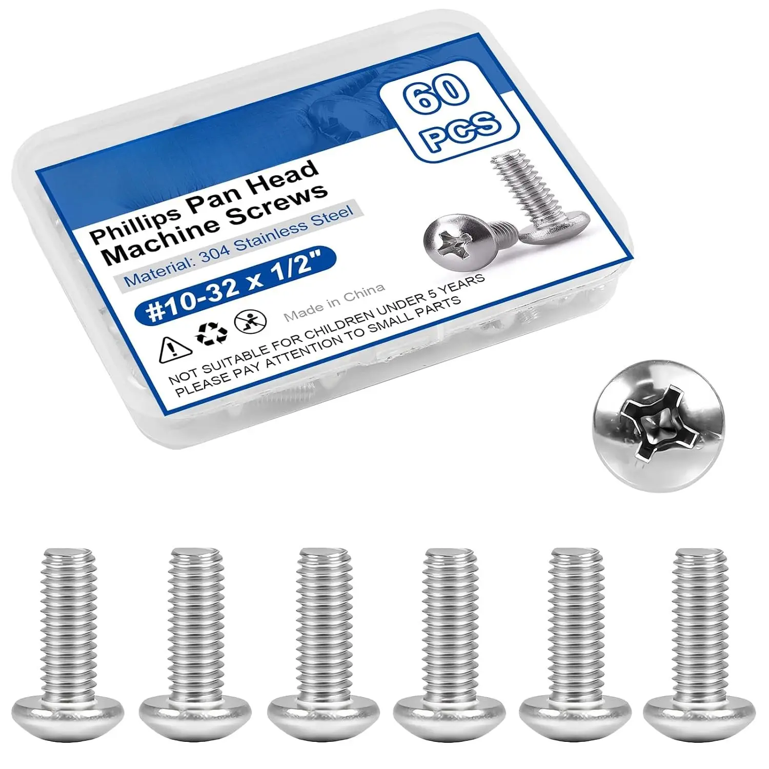 60 count #10-32 x 1/2" Phillips Pan  Machine Screws, UNF Fully Threaded | 18-8 (304) Stainless Steel, Bright Finish, Ideal for Electronics, Appliances, Automotive and General Assembly