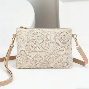Boho Square Hollow Out Crossbody Bag for Women Crochet Floral Pattern Shoulder Bag Elegant Zipper Wristlet Coin Purse with Detachable Strap for Vacation Casual