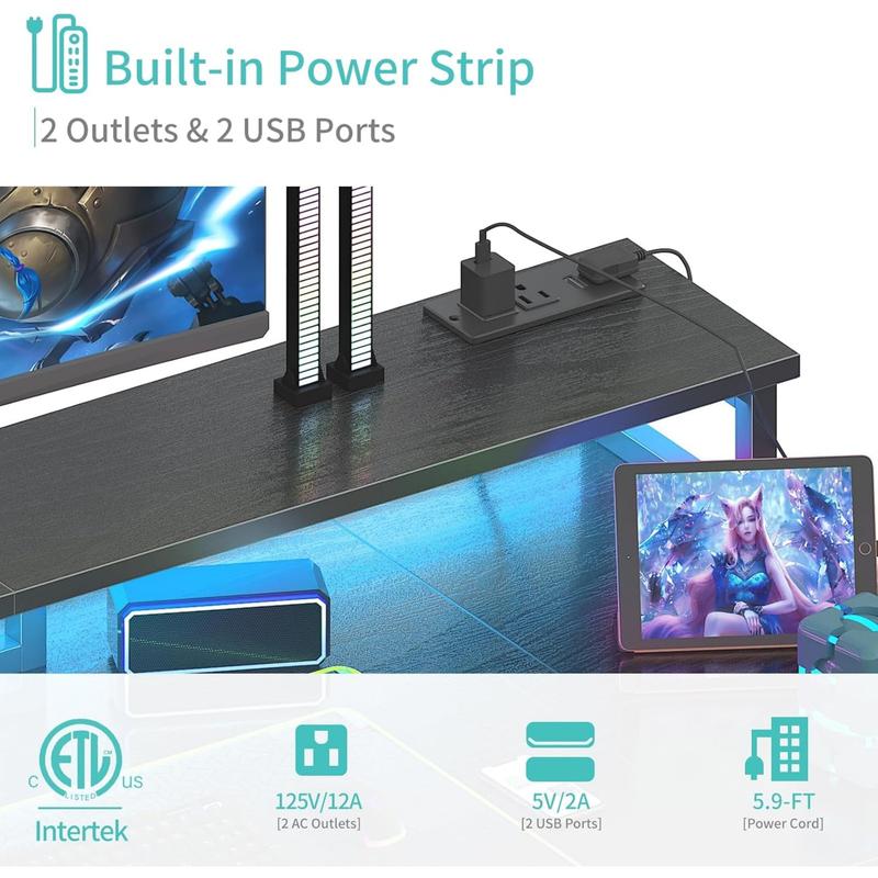 Lufeiya Gaming Desk with LED Lights and Storage Shelves, 47 inch Computer Desk with Power Outlets, Home Office Desk with Monitor Stand, Writing Table PC Desks, Black, Get Free Gift