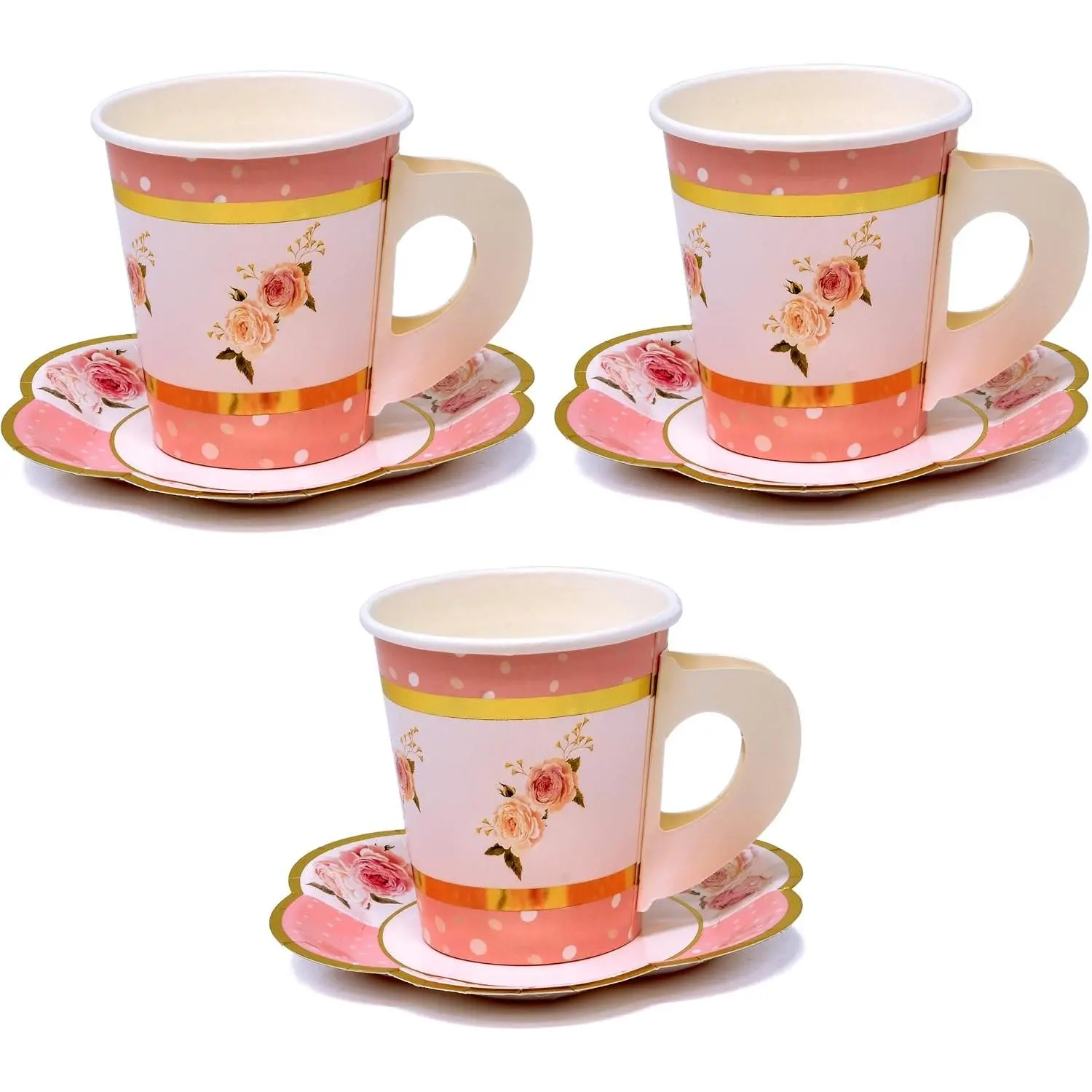 Gift Boutique Disposable Teacup Set, 36 Paper Tea Cups with Handles & 36 Floral Shaped Saucers, for Kids Adults Birthday Baby Bridal Shower Tea Party