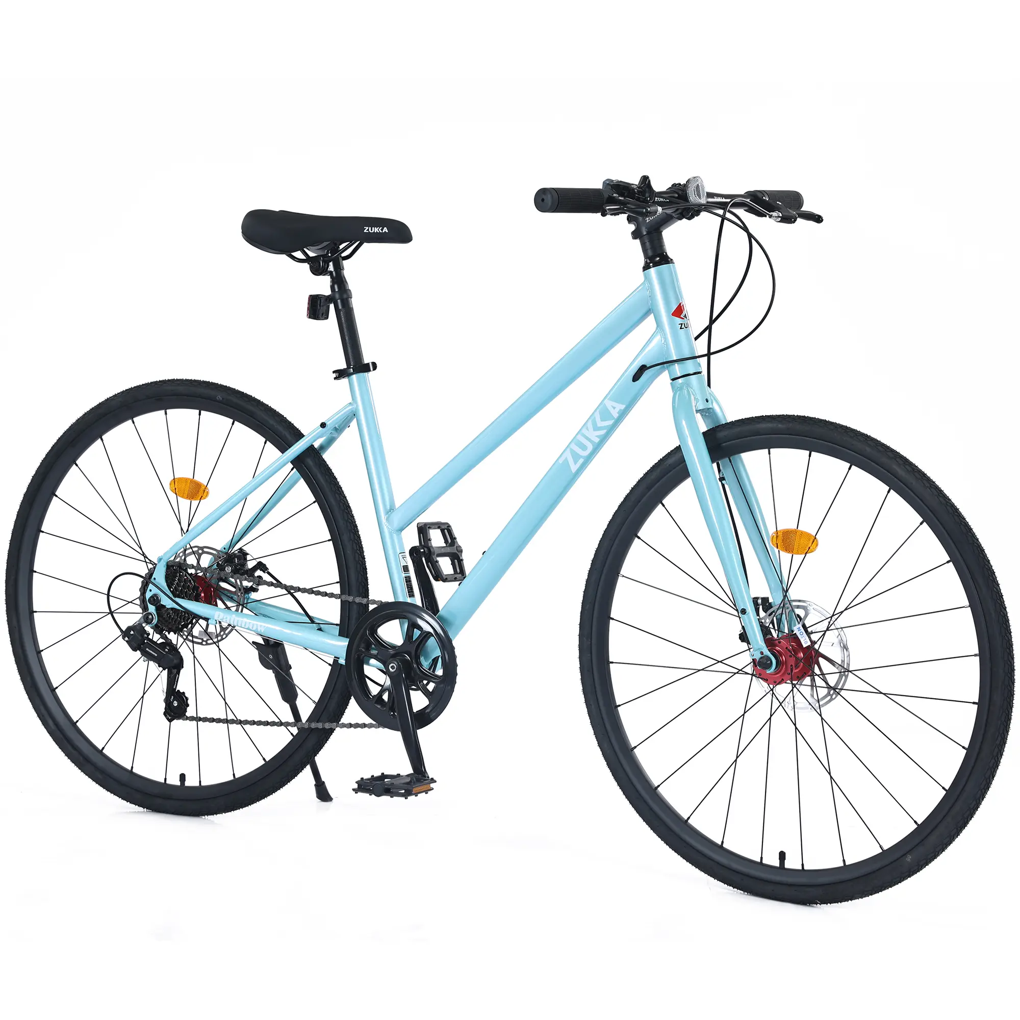 Nokaa 700C Hybrid Bike 7-Speed Road Bicycle for Men Women, Carbon Steel Frame, Light Blue, Front & Rear Disc Brakes, Aluminum Rims, 700x32C Tires, 85% Pre-Assembled, City Commuter & Outdoor Cycling, Includes Tools & Pedals