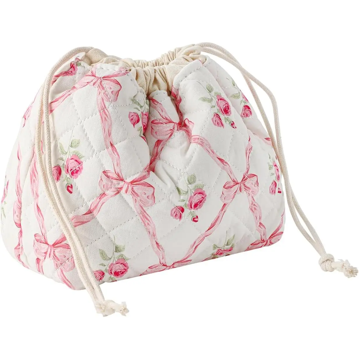 Quilted Drawstring Makeup Bag with Canvas Lining, Aesthetic Cute Travel Toiletry Bag,Drawstring  Bag for Women and Girls(03Pink Bows)