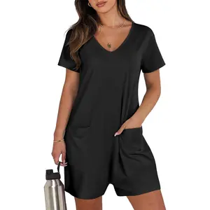 Rompers for Women Summer Casual Short Sleeve Jumpsuits V Neck Loose Fit One Piece Outfits with Pockets 2026 Clothes(Gift)