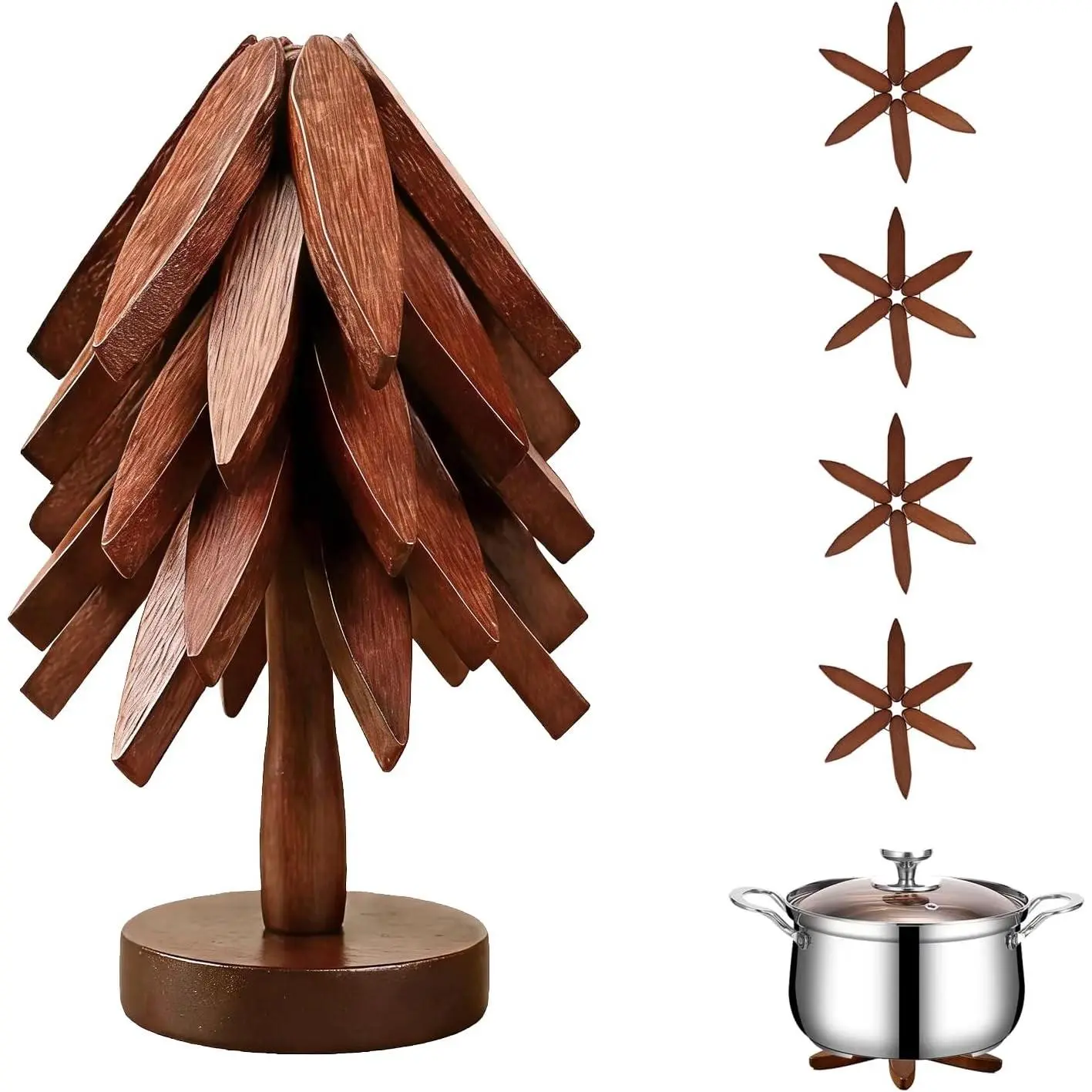 Bamboo Trivets for Hot Dishes, Tree Shape Trivet Set, 5 Bamboo + 1 Stand stored Like a Tree,Foldable Kitchen Wooden Trivet, for Hot Pot Holders for Pots, Bowls and Teapot