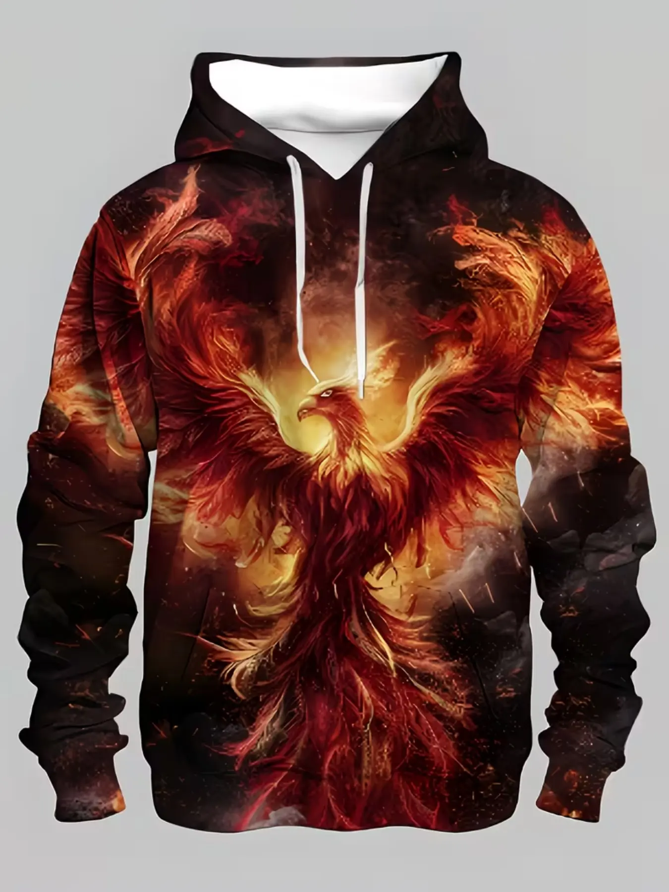 Digital Print Fashion Hoodie, Phoenix 3D Pattern, Casual Long Sleeve Pullover, Fitted H-Type, All Seasons, Raw Wash Design